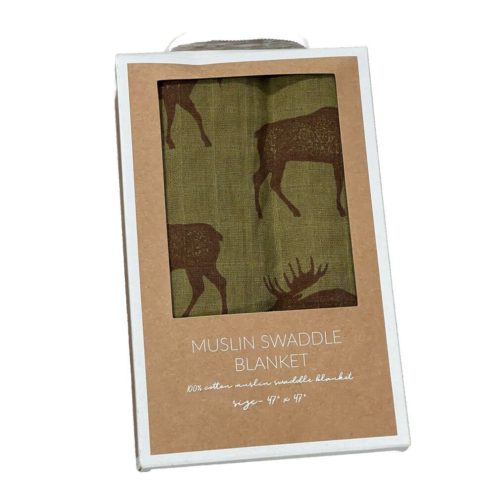 MUD PIE MOOSE MUSLIN BABY SWADDLE BLANKET Comfortable Breathable Green Brown New